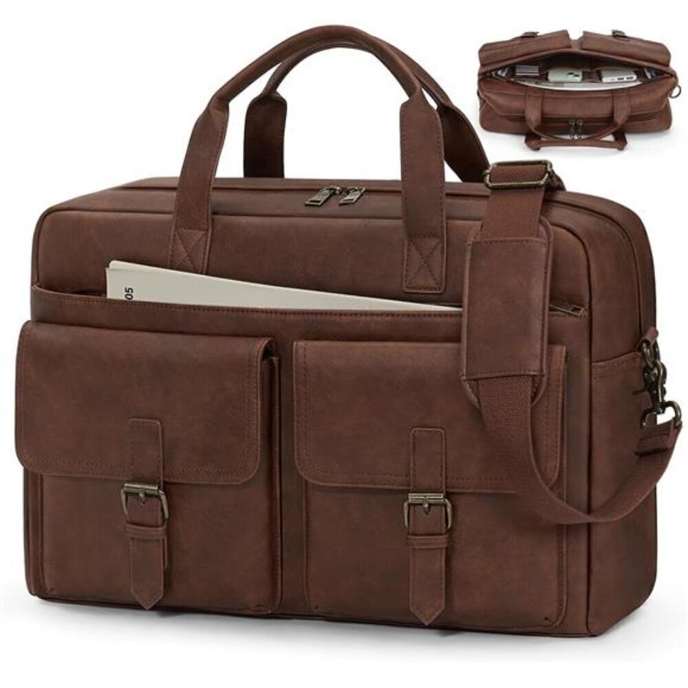 Leather Messenger Bag 16 Inch Laptop Briefcase for Men Brown